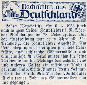 Nekrolog jeho učitele v Chrobolech Theodora Waldhausera na stránkách krajanského měsíčníku