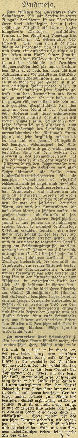 Obsáhlý nepodepsaný nekrolog v českobudějovickém německém listě pokračuje kratším s autorskou šifrou F.R.