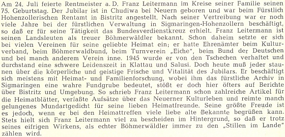 K jeho pětasedmdesátinám, slaveným v červnu 1969, se takto na stránkách
krajanského časopisu rozepsal Franz Seidl