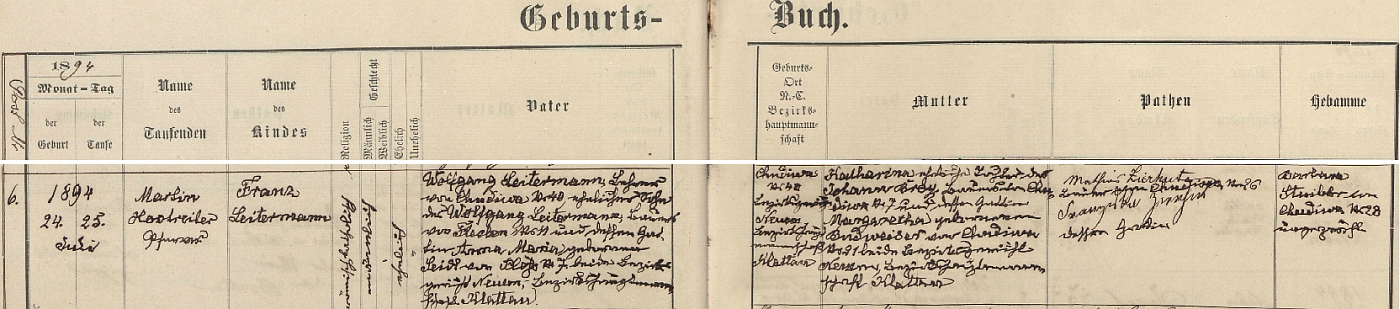 Podle tohoto záznamu v křestní matrice farní obce Červené Dřevo (Rothenbaum) narodil se v Chudeníně čp. 40 zdejšímu učiteli Wolfgangu Leitermannovi (jeho otec Wolfgang Leitermann byl rolníkem v blízké vsi Fleky /Flecken/ čp. 11, matka Anna Maria, roz. Seidlová, pocházela z Plání /Plöß/ čp. 7) a jeho choti Katharině, dceři rolníka v Chudeníně čp. 7 Johanna Breie a Margarethy, roz. Budweiserové z Chudenína čp. 21, kmotry chlapcovými byli pak rolník z Chudenína čp. 26 Mathias Zierhut se svou chotí Franziskou
