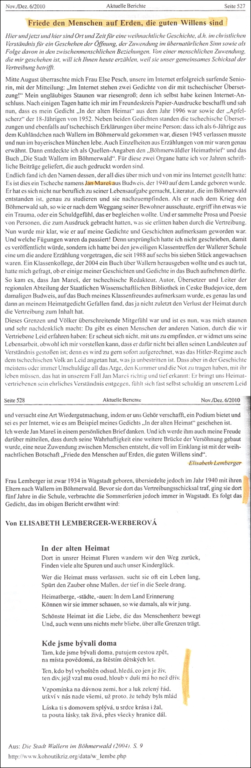 Její článek v krajanském časopise Kuhländchen k Vánocům 2010 i o Kohoutím kříži - ta barevná zvýraznění jsou od ní