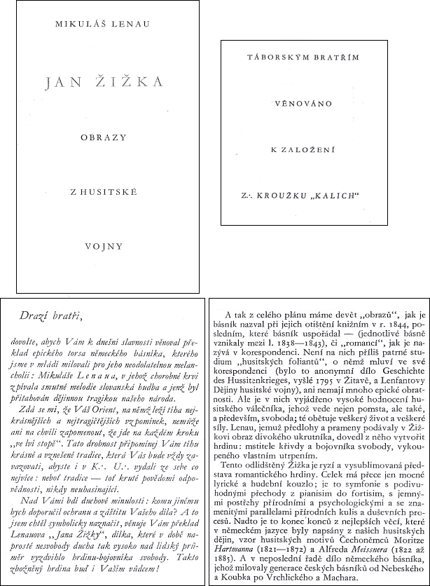 Titulní list, zednářské věnování a závěr poznámky na okraj překladu Lenauova "Žižky",
pořízeného Antonínem Hartlem v roce 1934 a vydaného v Táboře Jiřím Sedmíkem