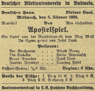 V prvním čísle českobudějovického listu roku 1930 je uveden jako dramaturg a herec avizovaného představení ochotnického divadelního spolku