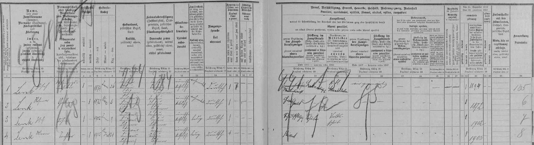 Arch sčítání lidu z roku 1910 pro dům čp. 4/385 v tehdejší českobudějovické Rosenauerově ulici s rodinou Lenkovou