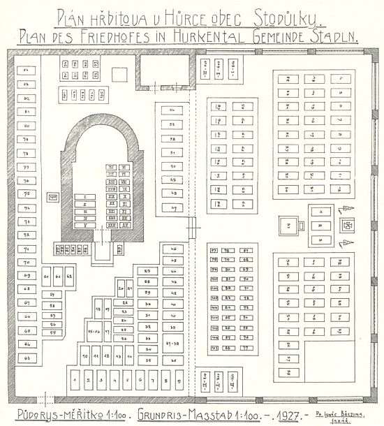 Plán hřbitova v Hůrce, jak ho v roce 1927 nakreslil sám pan farář Březina