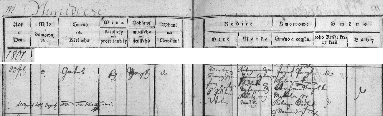 Záznam volyňské matriky o jeho narození v Něměticích
