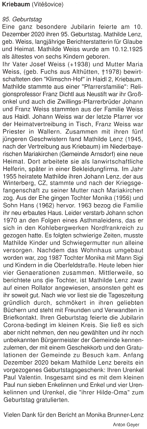 Pozdrav k jejím 95. narozeninám s podrobnostmi z životopisu oslavenkyně napsal do krajanského časopisu Anton Geyer
