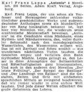 Recenze nového vydání jeho novel na stránkách Sudetendeutsche Zeitung v srpnu 1955