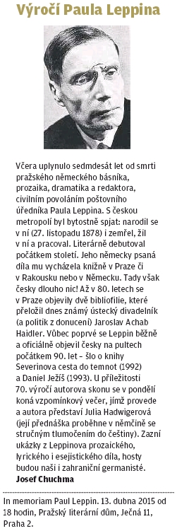 Připomínka 70. výročí jeho skonu na stránkách pražského listu, jejímž autorem je Josef Chuchma