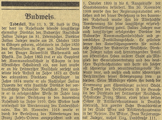 Nekrolog Julia Zulegera, otce generála Zulegera, prvního ředitele muzea v Českých Budějovicích
a čestného občana města