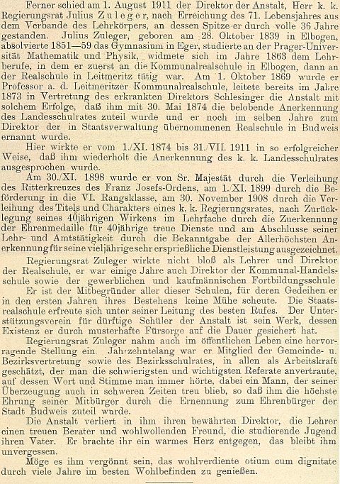 Životopis otce generála Zulegera na stránkách výroční zprávy německé reálky v Českých Budějovicích, jejímž ředitelem byl po 36 let (1874-1911)