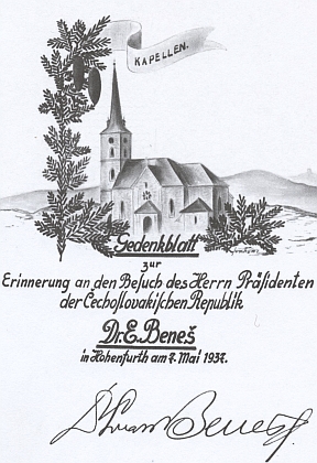 Pamětní list z kroniky zaniklé obce upomíná na návštěvu Dr. Edvarda Beneše ve Vyšším Brodě 7. května roku 1937