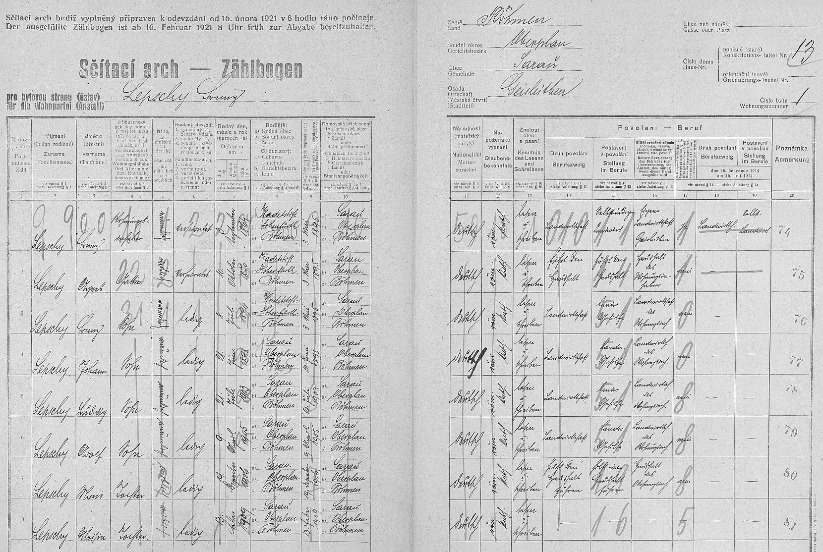 Arch sčítání lidu z roku 1921 pro dům čp. 13 v Kozí Stráni