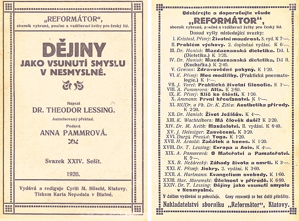 Obálka (1920) i se seznamem "šumavské" edice Reformátor (nakladatel Cyrill M. Höschl, Klatovy)