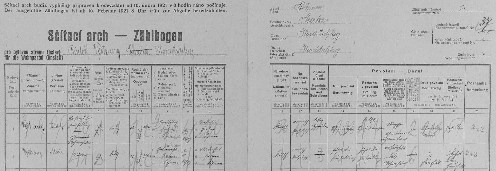 Příjmení Witzany se v Hartunkově během sčítání lidu v roce 1921 vyskytovalo jen na stavení čp. 37 /už ve vsi nestojí/, kde žil kovář /i podle rukopisu pevné a rázné ruky/ Rudolf Witzany (*31. října 1896 v Klení
/Gollnetschlag/), tehdy dosud svobodný, se svou matkou Marií (*11. ledna 1863 ve Štiptoni /Wienau/, přeškrtnuto je původní označení rodiště Kapinos /Gabernost/)