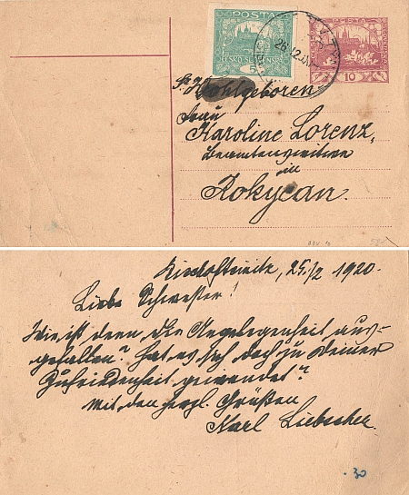 Dopisnice, kterou poslal sestře v roce 1920