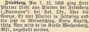 O odchodu faráře Liedla z Malont v prosinci roku 1956 do Německa