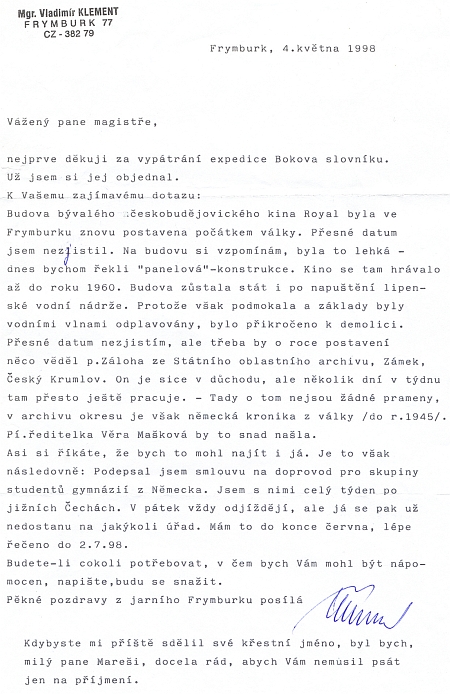 Dopis frymburského knihovníka Vladimíra Klementa (1929-2007) k dotazu o osudech kina Royal