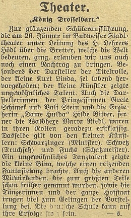 Recenze žákovského představení hry o králi Drozdivousovi v českobudějovickém městském divadle 26. ledna 1930 zaznamenává vystoupení tehdy ani ne jedenáctiletého Kurta Lindy v titulní roli jako doklad neobyčejného talentu