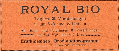 Inzerát z propagační brožury města mezi válkami informuje o dvou představeních denně, v neděli a o svátcích uvádělo "Royal Bio" dokonce 3 představení denně