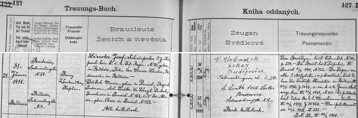 Jeho otec Josef si tu podle záznamu v českobudějovické "Knize oddaných" dne 31. ledna roku 1918 bere jako herec a kaprál zdejšího c.k. pěšího regimentu č. 91 a nemanželský syn posluhovačky Marie Lindové za ženu Marii Deutschovou, dceru Wenzela Deutsche z Nepomyšle, okr. Podbořany - jedním ze svědků byl česky psaný budějovický pekař Urbanek