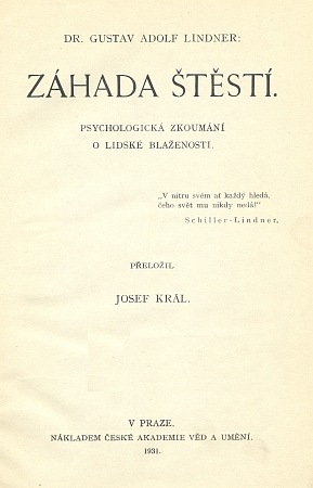 Titulní list jeho filosofického spisu, který česky vyšel více než 60 let po svém německém originálu z roku 1868