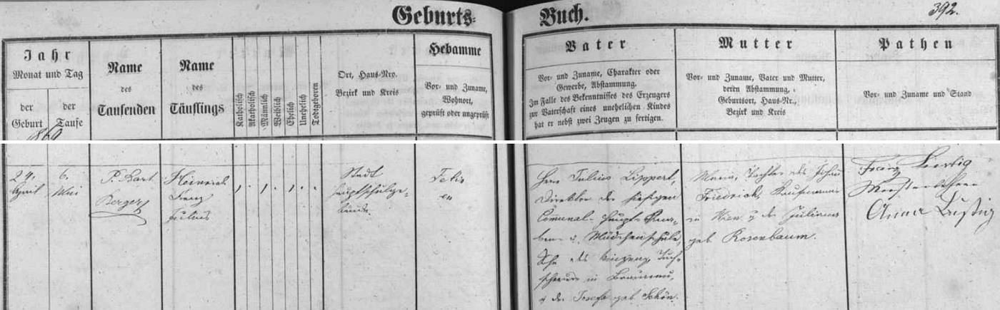 Záznam o narození a křtu jeho syna Heinricha Franze Julia v českobudějovické matrice - jako kmotr je tu podepsán "vzorný učitel" Franz Lustig (1813-1882), první předseda zdejšího pěveckého spolku Liedertafel (1856-1945), se svou ženou Annou