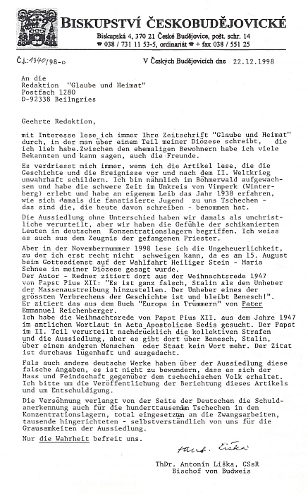 Dopis redakci "Glaube und Heimat" proti výmyslům o kritice Beneše a Stalina ve vánočním projevu Pia XII. z roku 1947