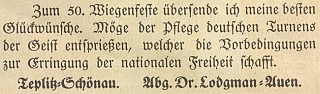 Pozdrav ve sborníku k 50. jubileu českokrumlovského Turnsvereinu (1874-1924)