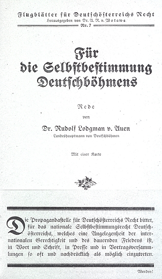 Titulní strana (1919) vídeňského letáku s jeho projevem k sebeurčení "německých Čech"