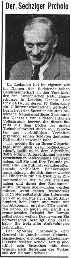 Zpráva ústředního listu vyhnaných krajanů o blahopřání Lodgmanově k šedesátinám generála Prchaly s přáním "osvobození národa a domova Prchalova"