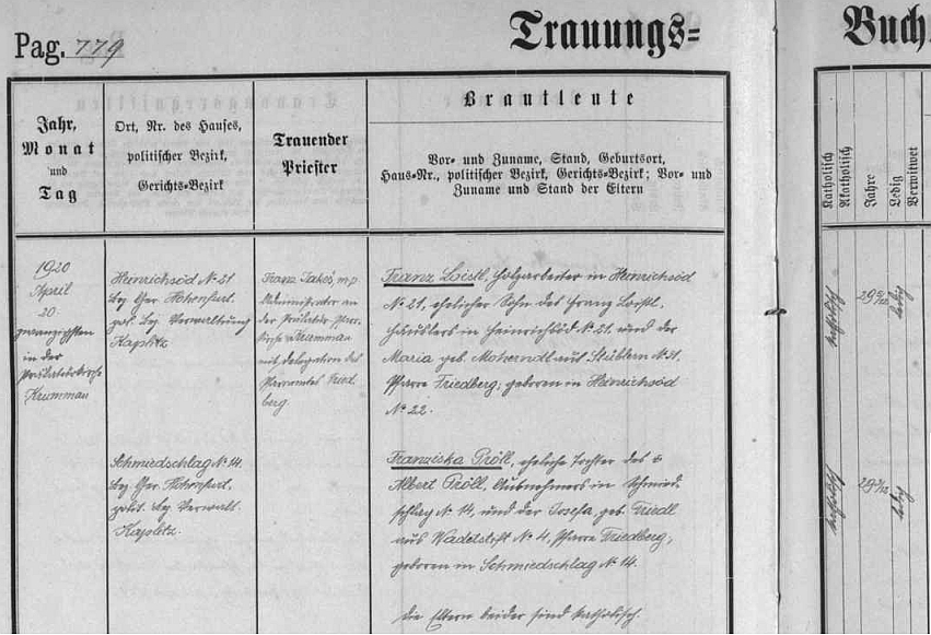 Záznam z frymburské knihy oddaných ke dni 20. dubna roku 1920 o svatbě Franze Loistla z Hrdoňova čp. 21, manželského syna tamního ševce Franze Loistla a Marie, roz. Moherndlové z Posudova čp. 31, s Franziskou Pröllovou, dcerou Alberta Prölla, výminkáře v Kovářově čp. 4 a Josefy, roz. Friedlové z Hruštic čp. 4