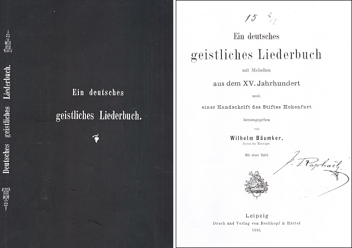 Vazba, frontispis a titulní list (1895) Bäumkerova lipského vydání Vyšebrodského zpěvníku (HLb)
s kresbou a textem o ztracenci opleteném osidly hříchu z rukou ďábla