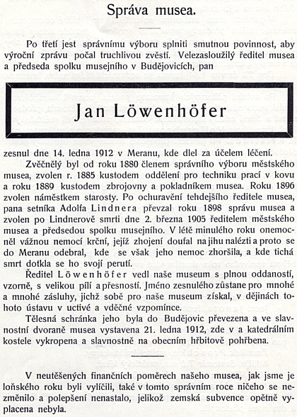 Jeho český nekrolog na stránkách výroční zprávy českobudějovického muzea, jehož neutěšenou finanční situaci dokládá poznámka doleji