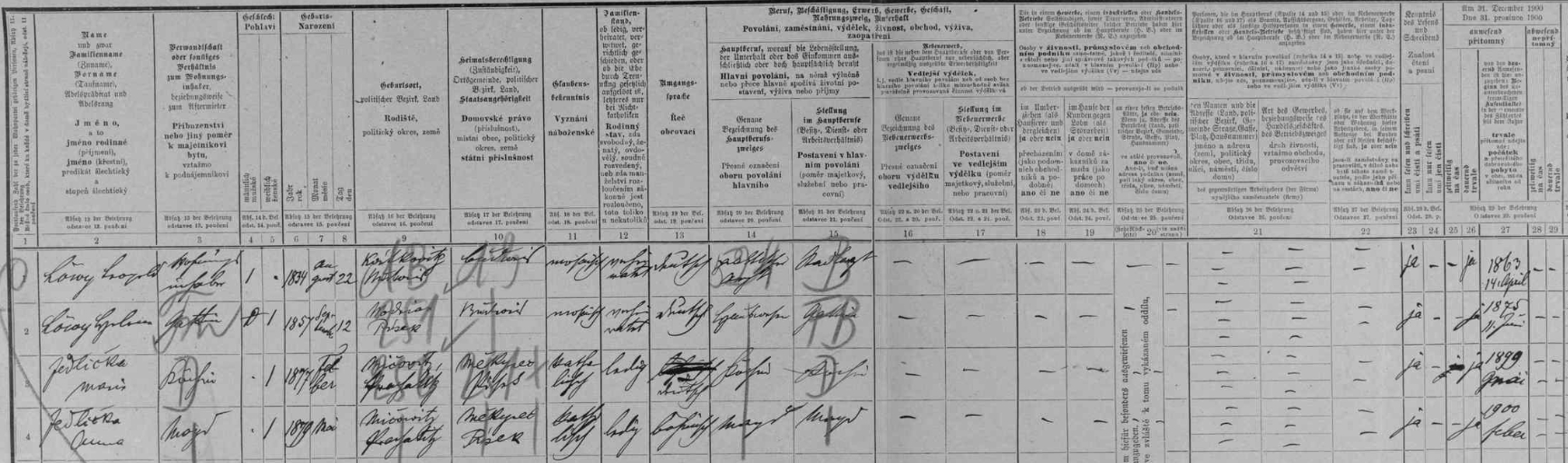 Arch sčítání lidu z roku 1900 zaznamenává na adrese Biskupská ulice 10 v Českých Budějovicích MUDr. Leopolda Löwyho s jeho druhou ženou Helenou, roz. Wolffovou (*12. září 1857 ve Vodňanech), a se sestrami Marií a Annou Jedličkovými z Mičovic na Prachaticku jako služebnými silami (kuchařka a děvečka), přičemž ta starší se prohlásila v rubrice obcovací řeč Němkou, druhá zůstala Češkou, vyznáním byly v "mojžíšské" rodině svých zaměstnavatelů obě dvě "římskokatolické"