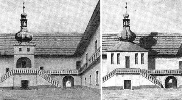 Novohradská rezidence mívala v nádvoří malou schodišťovou vížku, odstraněnou někdy po roce 1870