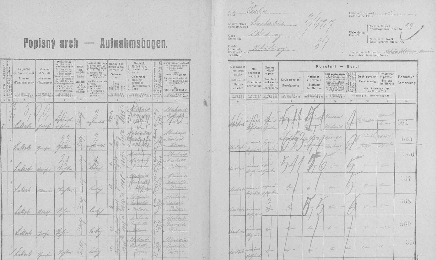 Arch sčítání lidu z roku 1921 pro stavení čp. 89 ve Zbytinách i s jeho jménem