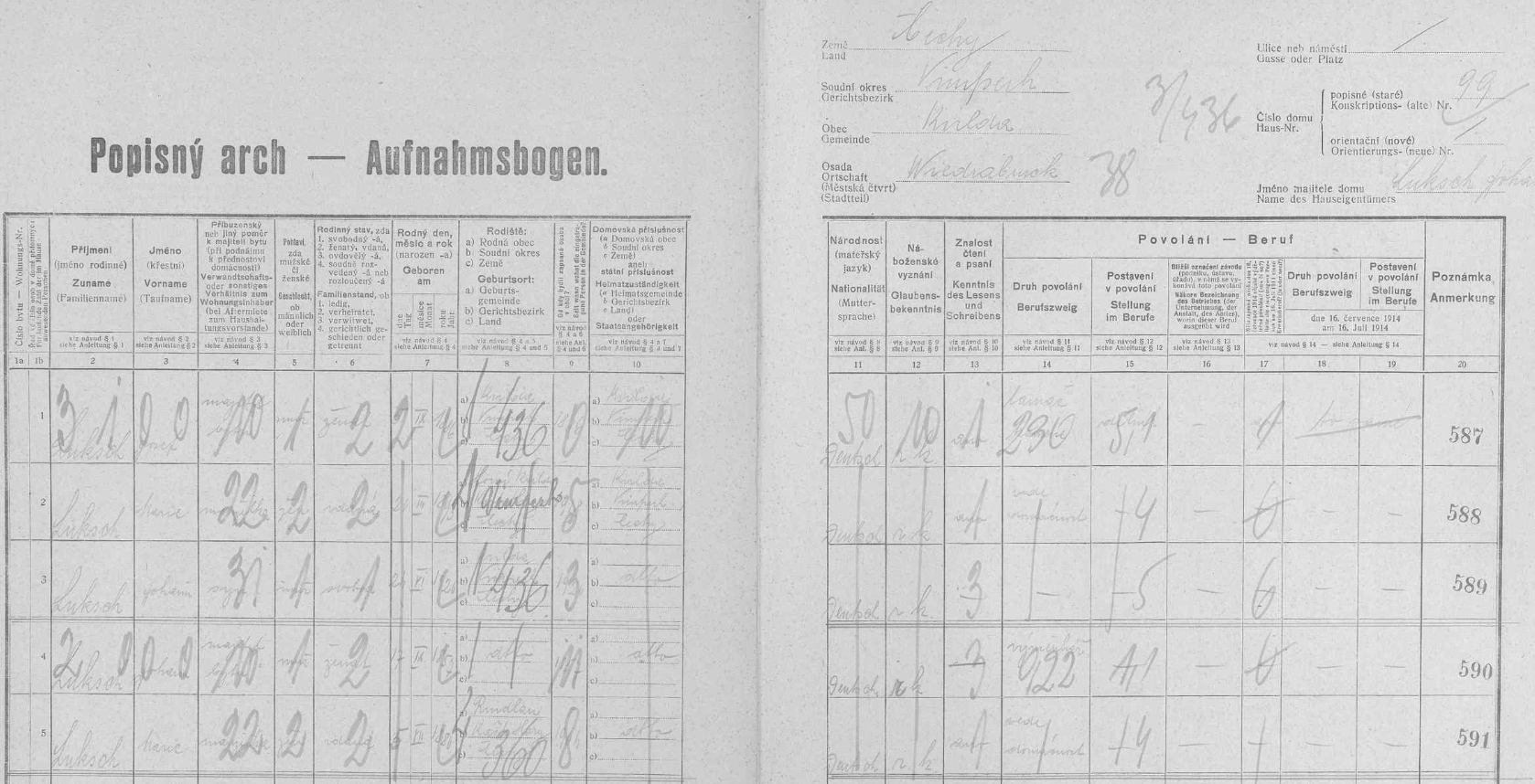 Arch sčítání lidu z roku 1921 pro chalupu čp. 99 na Vydřím Mostě, kde podle něj žila rodina Josefa a Marie Lukschových se starším bratrem tehdy ještě nenarozeného syna Josefa (*1924) Johannem (*1920) i s "prarodiči" Johannem a Marií "staršími"