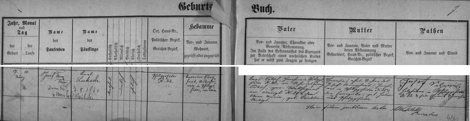 Záznam křestní matriky farní obce Kvilda o zdejší svatbě (obřad konal 13. února roku 1899 farář Gregor Králík) jeho děda Karla Luksche, manželského syna Karla Luksche, tj. svého otce i jmenovce, podepsaného zde také na znamení souhlasu se synovou svatbou (ten jako třiadvacetiletý dosáhl zletilosti podle tehdejší zvyklosti až dva roky nato), a Theresie, roz. Burghartové z Filipovy Huti čp. 29, s Dorotheou Wurmovou, narozenou dne 18. února roku 1876 (byla tedy o měsíc starší nežli ženich) jako dcera chalupníka na Vydřím Mostě čp. 54 Josefa Wurma a Dorothey, roz. Zoglauerové z Kvildy čp. 13 - svědky byli sedlák z Horské Kvildy čp. 3 Karl Klostermann a podruh z Filipovy Huti čp. 10 Josef Krickl