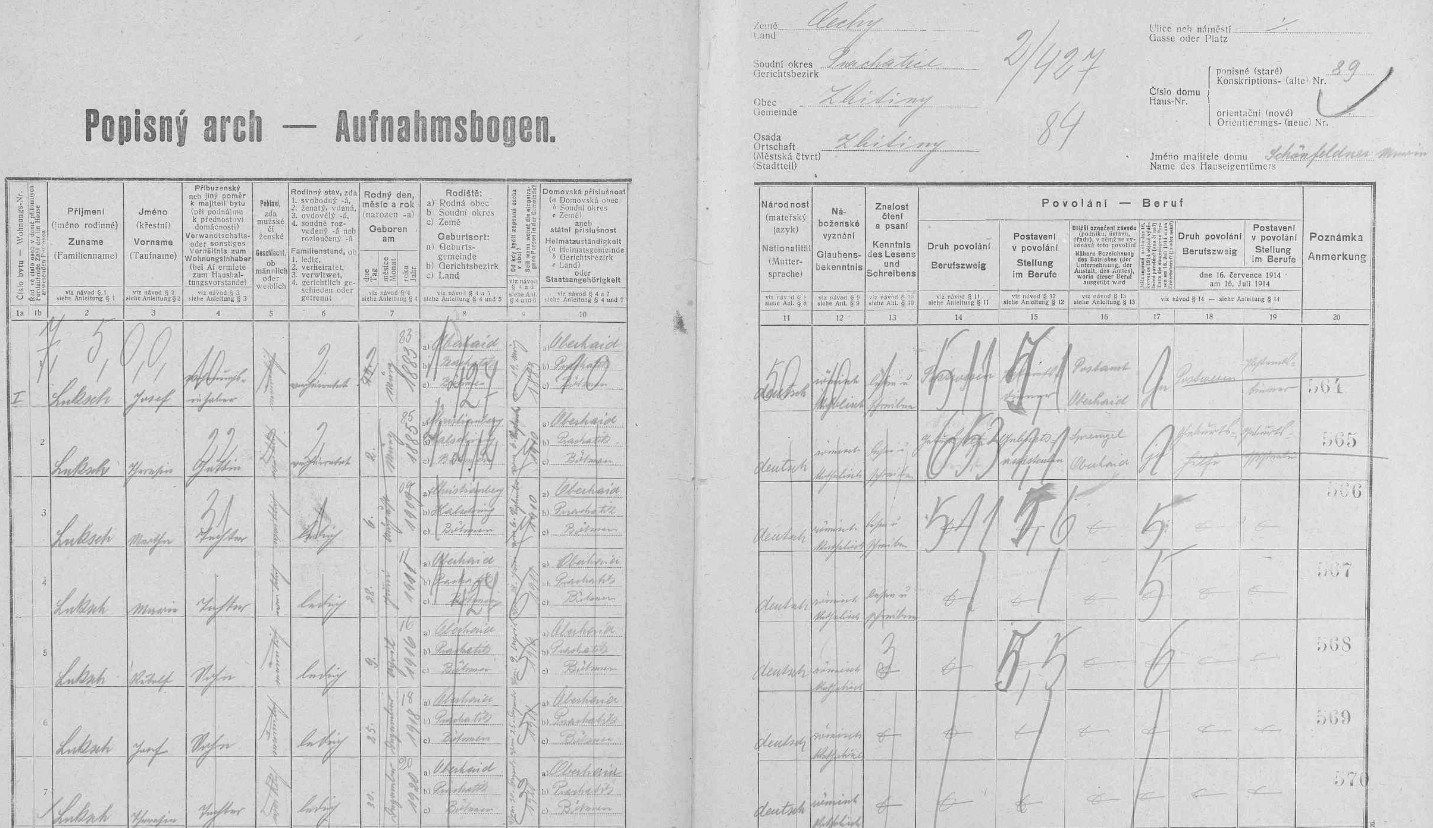 Arch sčítání lidu z roku 1921 pro stavení čp. 89 ve Zbytinách i s jeho jménem