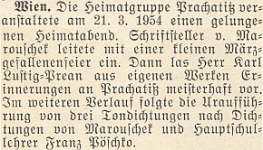 Zpráva o "domovském večeru" ve Vídni, jehož se účastnil i Herbert von Marouschek a Franz Pöschko a kde Lustig-Prean četl ze svých vlastních prací