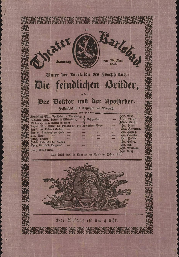 Plakát divadelního představení v Karlových Varech pod režií Josepha Lutze z června 1835, těsně před jeho příchodem do Českých Budějovic