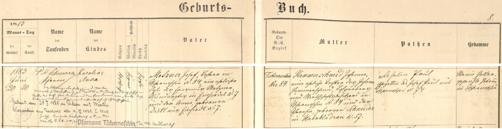 Záznam o jejím narození a křtu v černošínské křestní matrice s přípisem o svatbě