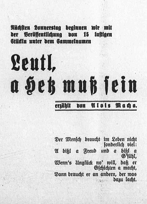 Titulní list jeho "15 veselých kousků" na stránkách listu "Westböhmische Tageszeitung" z dubna roku 1932