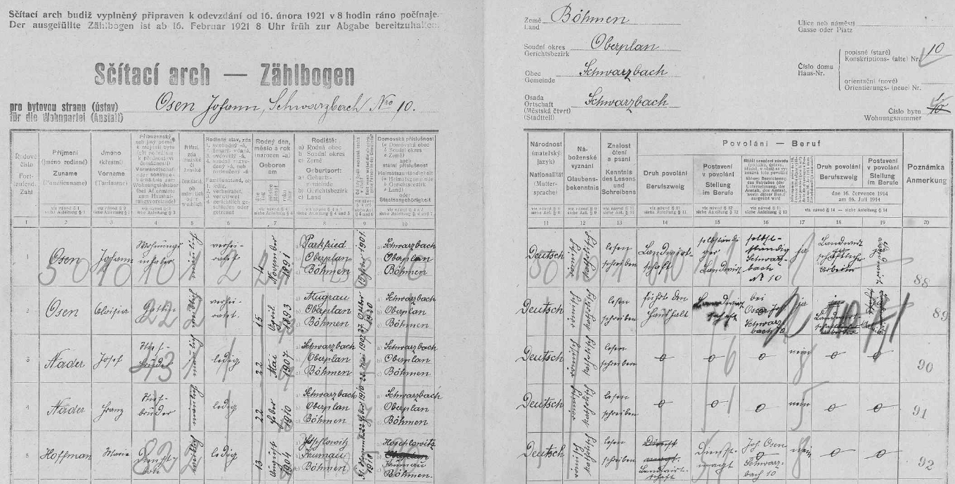 Arch sčítání lidu pro stavení čp. 10 v obci Černá v Pošumaví, kde žili ani ne rok po své kájovské svatbě její rodiče, jimž se v prosinci roku následujícího narodila