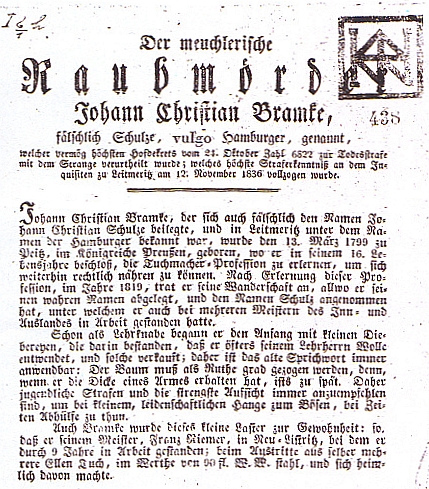 Kramářský tisk (1837) o loupežném vrahovi Bramkeovi, soukenickém tovaryši, pracujícím i v Nové Bystřici, na jehož listopadovou popravu roku 1836 v Litoměřicích se prý Mácha těšil