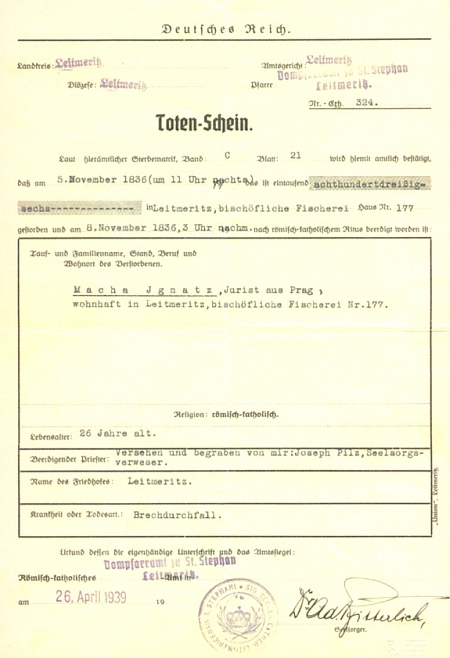 Průvodčí pas Máchových pozůstatků, vystavený v dubnu roku 1939 v tehdy už "říšskoněmeckých" Litoměřicích německým knězem pro převoz na pražský Vyšehrad