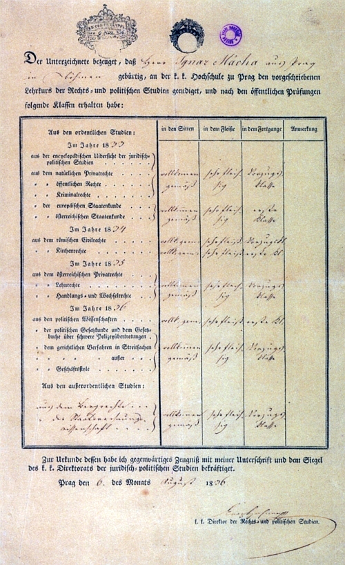 Vysvědčení z právnické fakulty vystavené s datem 6. srpna roku 1836 - v noci z 5. na 6. listopadu toho roku, tedy 3 měsíce nato, Mácha umírá