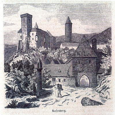 Boží muka před původní městskou branou v Rožmberku nad Vltavou na ilustraci Eduarda Herolda z monografie "Der Böhmerwald" (1860) od Wenziga a Krejčího, v pozadí hrad a kulatá věž zvaná Jakobínka, zmíněná v deníku Máchově z cesty do Itálie jako "Jagewiner Turm"