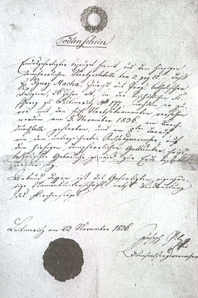 Úmrtní list Máchův, vystavený Dr. Pilzem v listopadu 1836 v tehdy převážně německy mluvících Litoměřicích, rodišti jiného snivce a milovníka "českých lesů" Alfreda Kubina